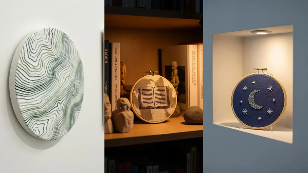Minimal embroidery wall pieces, including a book and a moon, displayed in a cozy living room setting.