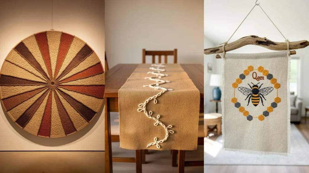 Organic DIY pieces in a collage, showing woven wall art and embroidery that add warmth to a neutral home.