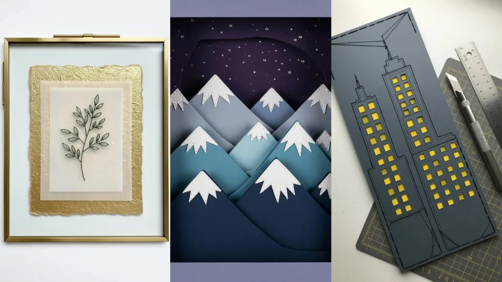 Collage of DIY projects using paper tricks to make embroidery pop, showing mountains, a cityscape, and framed plant art.