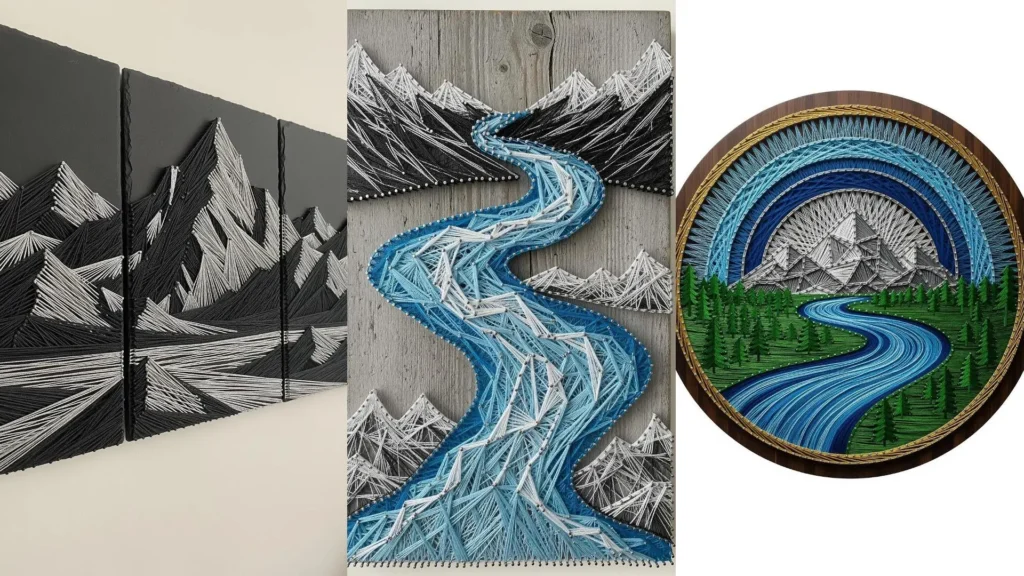 Adventurous string art of nature trails, featuring embroidered mountains and winding rivers.