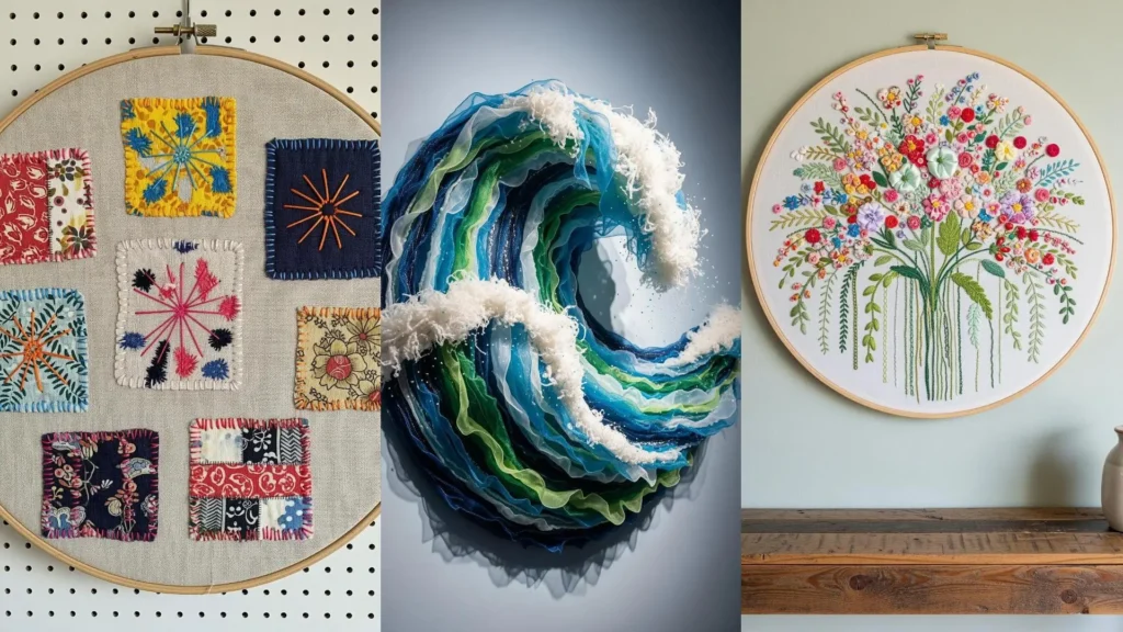 Creative textile wall art for zero-waste ideas, showing scrap fabric patchwork, a fabric wave, and embroidered flowers.