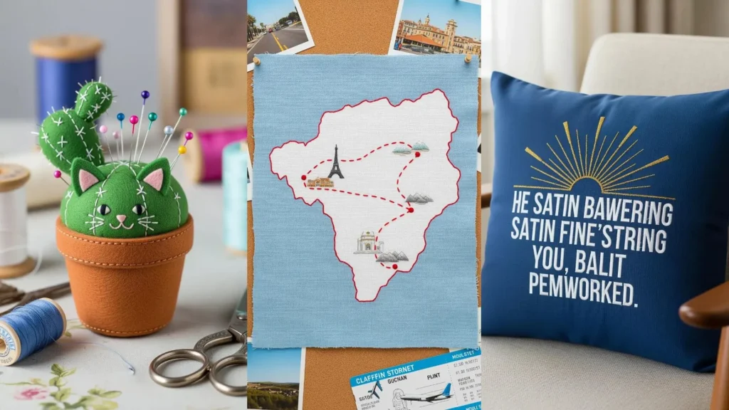 Thoughtful embroidery gifts to make someone feel special, featuring a pincushion, a travel map, and a decorative pillow.