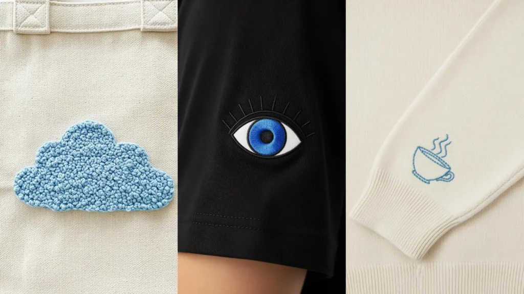 A collage of tiny stitching ideas to add a pop of color to clothes: a cloud, an eye, and a coffee cup embroidery.