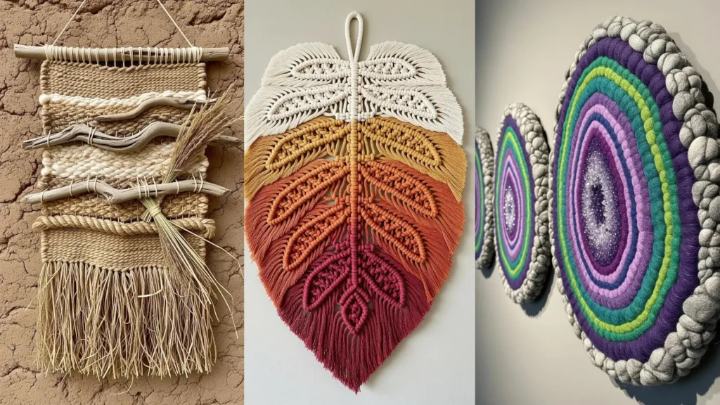 A collage of colorful yarn wall art, showcasing textured ideas like a woven hanging, a macrame leaf, and geode designs.