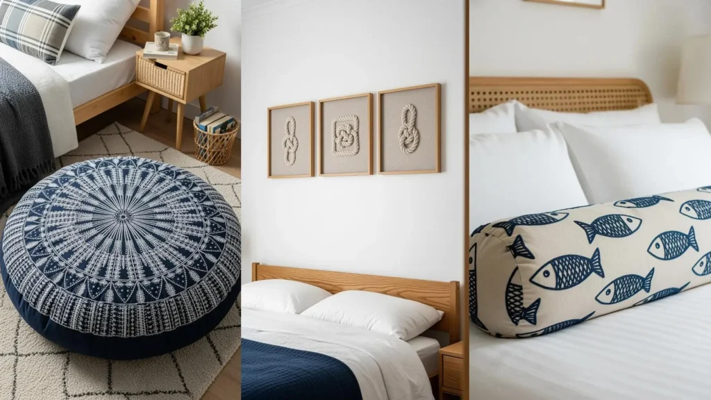 Bedroom decor with coastal vibe embroidery: a mandala floor cushion, framed sailor knots, and a fish-patterned pillow.