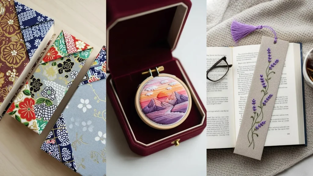 A display of DIY fabric crafts perfect as handmade gifts, showing embroidery art and floral bookmarks.