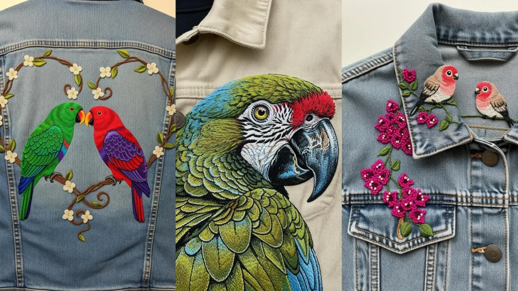 A collage of denim jackets featuring vibrant, exotic parrot embroidery patterns.