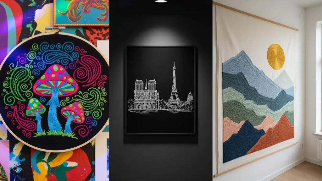 A collage of hand-embroidered wall hangings, from a vibrant mushroom hoop to a textured mountain scene.
