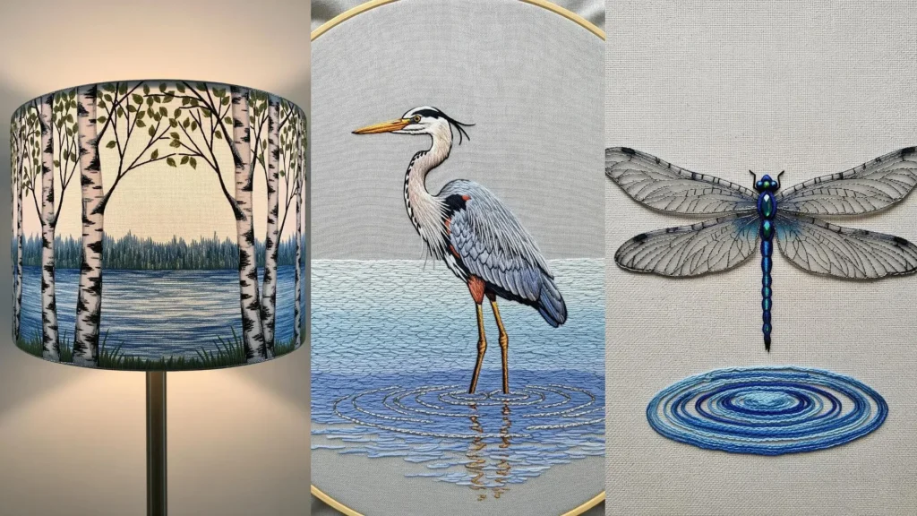 A collage of lake embroidery ideas showing a heron and dragonfly using blue gradients and metallic threads.