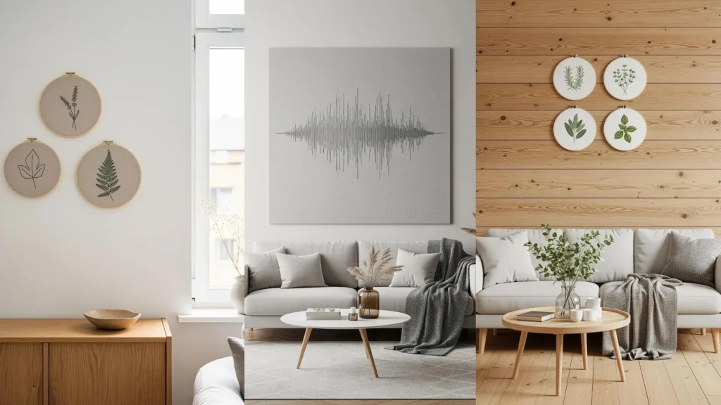 Cozy living room interiors with minimal embroidery wall designs of plants in hoops creating a relaxing atmosphere.