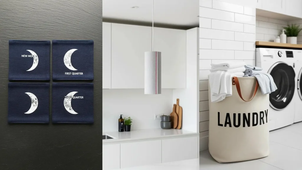 A collage of minimalist embroidery DIYs to add personality to your space, showing moon patches and a stitched lampshade.