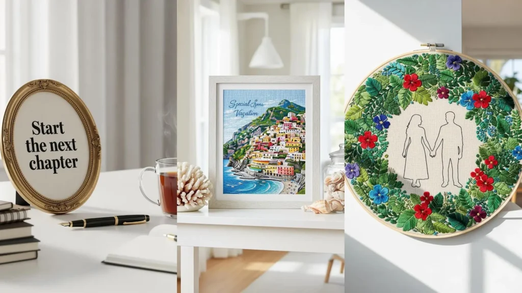 Three personalized framed embroidery designs shown as perfect gift ideas for special occasions like weddings or vacations.