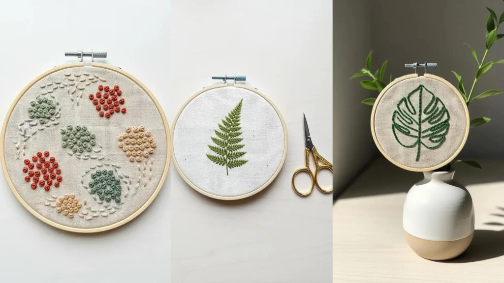 Simple mini embroidery patterns for beginners, featuring three hoops with embroidered leaves and colorful knots.
