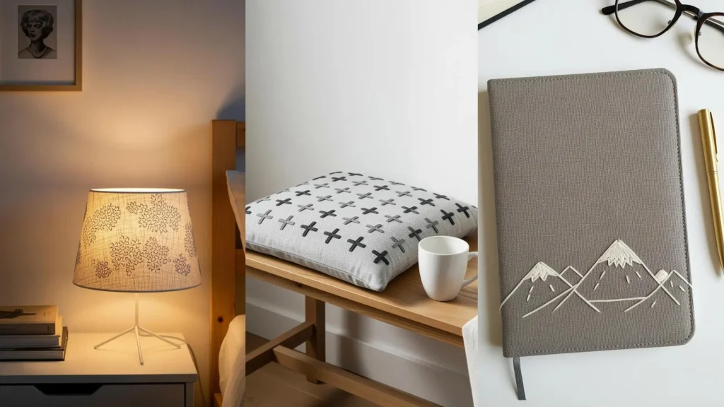 A collage of home decor featuring subtle, neutral embroidery designs on a pillow, lamp, and journal.
