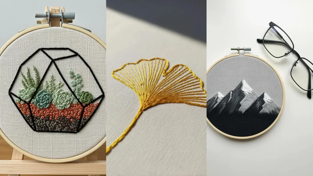 A collage of tiny embroidery patterns with a designer look, featuring a terrarium, a leaf, and mountains.