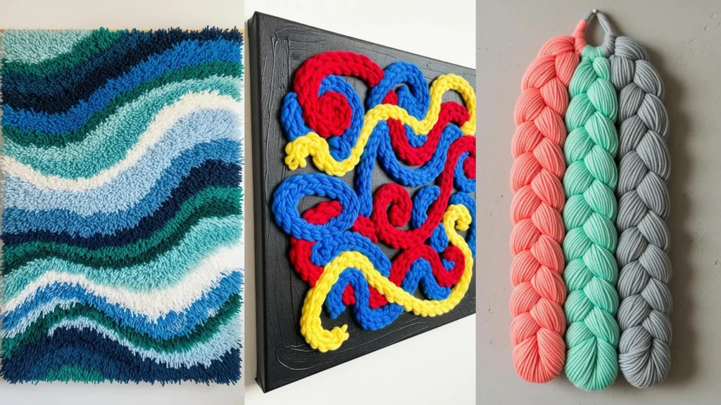 Vibrant yarn wall art tutorials for beginners, showing a blue textured piece and colorful knitted and braided wall hangings.