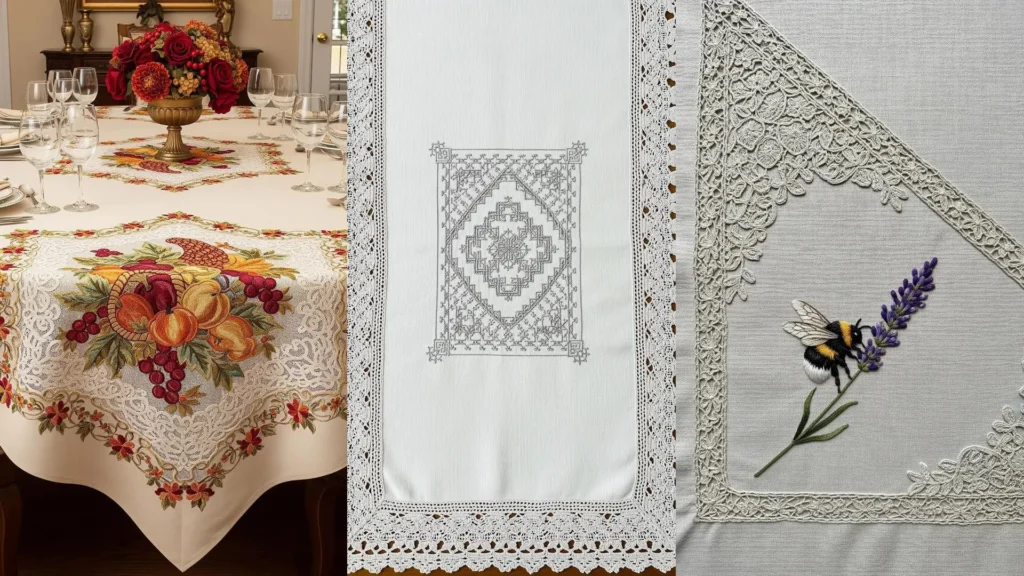 A trio of vintage lace table linens, featuring elegant fruit, geometric, and bee embroidery designs.