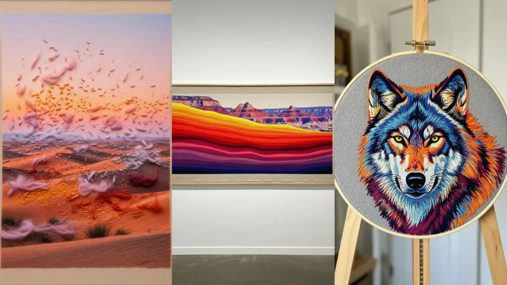 Abstract thread painting transforming photos into surreal art, featuring a desert, a canyon, and a multi-colored wolf.