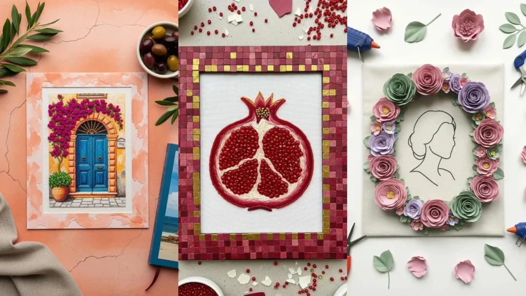 Embroidery masterpieces in creative paper art frames, featuring a paper flower wreath and a red mosaic pomegranate design.