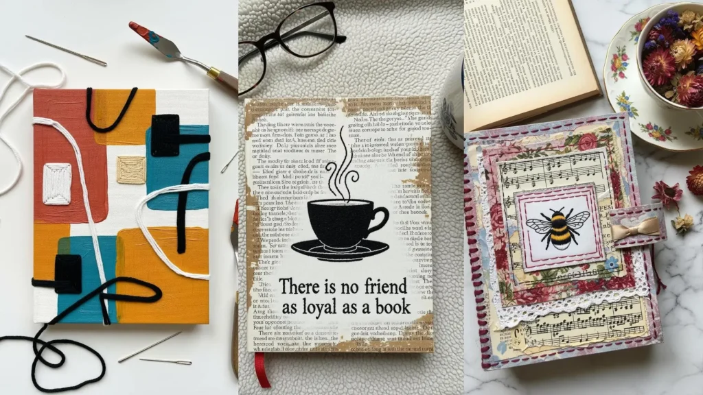 A flat lay of three unique DIY embroidered mixed-media journals showing creative and pin-worthy cover ideas.
