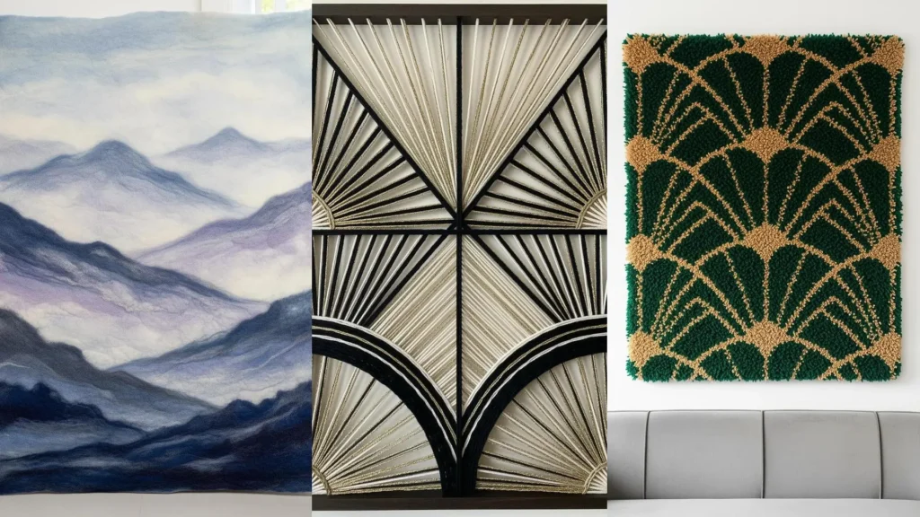A collage of three DIY yarn wall art patterns, from a felted mountain landscape to a luxe Art Deco design.
