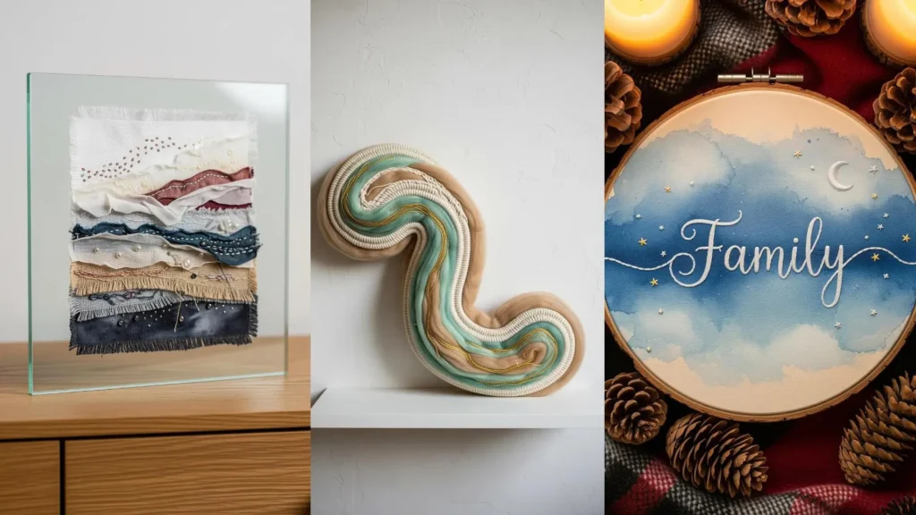A collage of handmade artworks making perfect gifts, featuring framed textile art and a "Family" embroidery hoop.