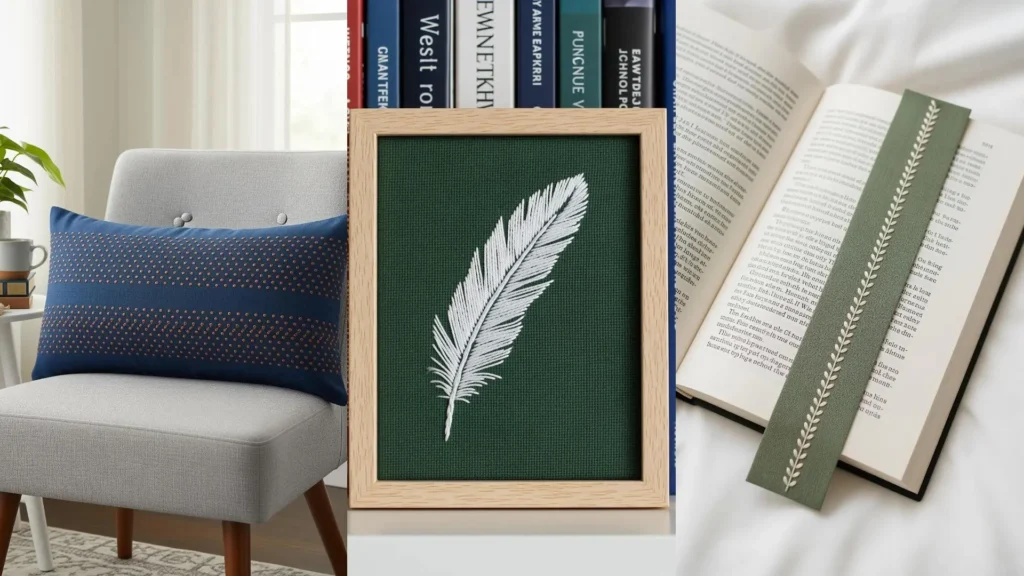 Minimal embroidery patterns on linen transforming a pillow, a bookmark, and wall art into luxury home decor.