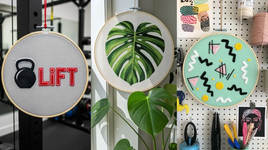 Three modern hand-stitched patterns in embroidery hoops, from botanical to gym-themed, hanging as wall art.