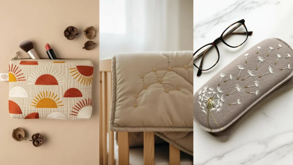 A collage of neutral, earth-toned embroidery projects you'll actually use, like a pouch, blanket, and glasses case.