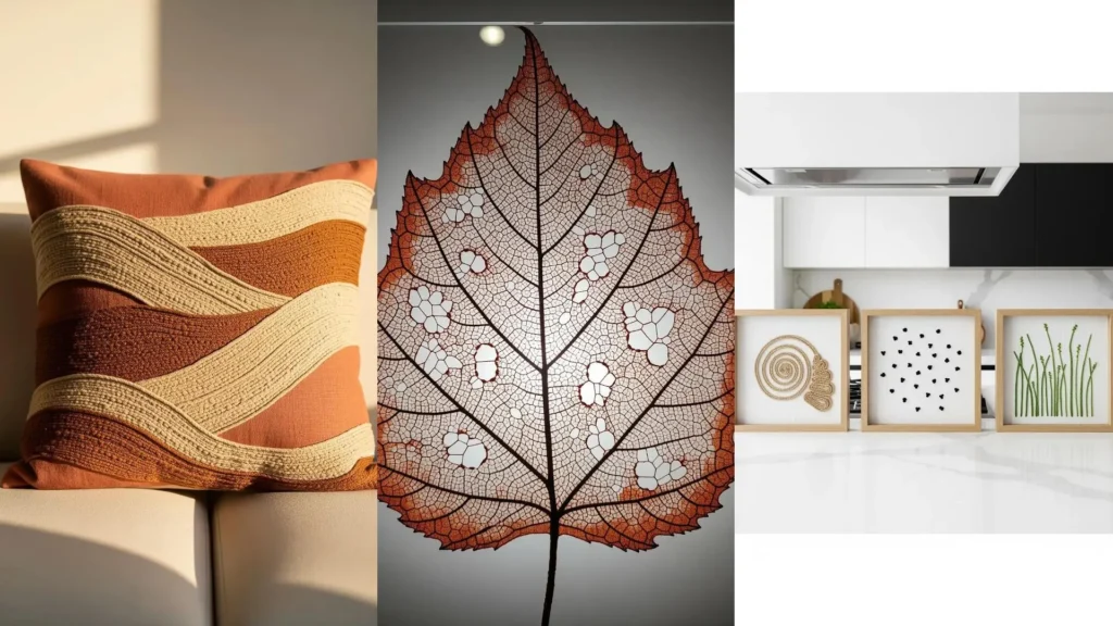 Collage of organic texture embroidery designs to add life to a room, showing a pillow, a leaf, and framed art.