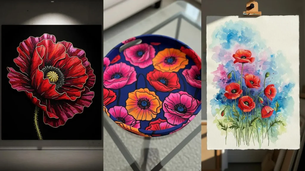 Home art displays of poppy-inspired stitches, showing a detailed embroidered red poppy and a vibrant watercolor painting.