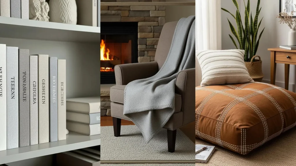 A collage of high-end, neutral decor featuring subtle, tone-on-tone embroidery on a pillow, blanket, and books.