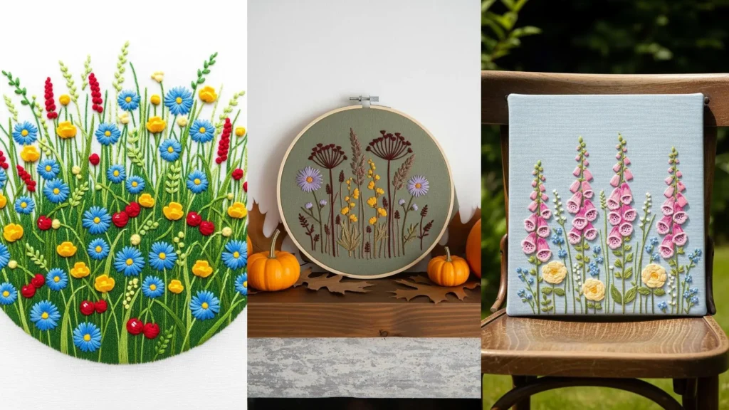 A collage of three embroidered wildflower meadows, showcasing different thread palettes in hoops.