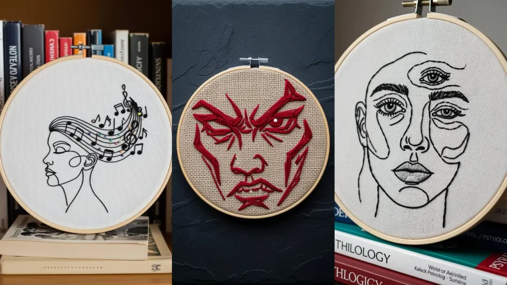 Collage of abstract face line embroidery designs in hoops, capturing different emotions in a single stroke.