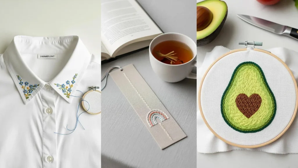 A collage of cute and colorful embroidery projects, including a floral collar, rainbow bookmark, and avocado with a heart.