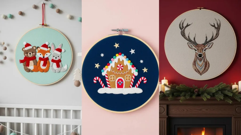 Festive season embroidery wall hangings for holiday decor, featuring a reindeer, gingerbread house, and cute animals.