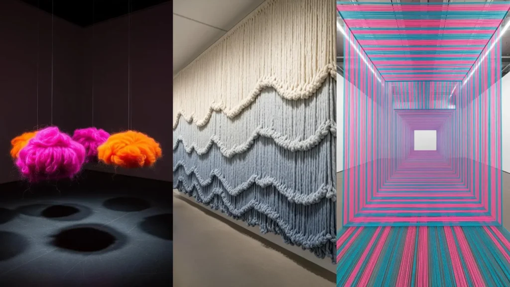 Fiber art installations creating optical illusions with yarn, from fluffy clouds to a colorful string tunnel.