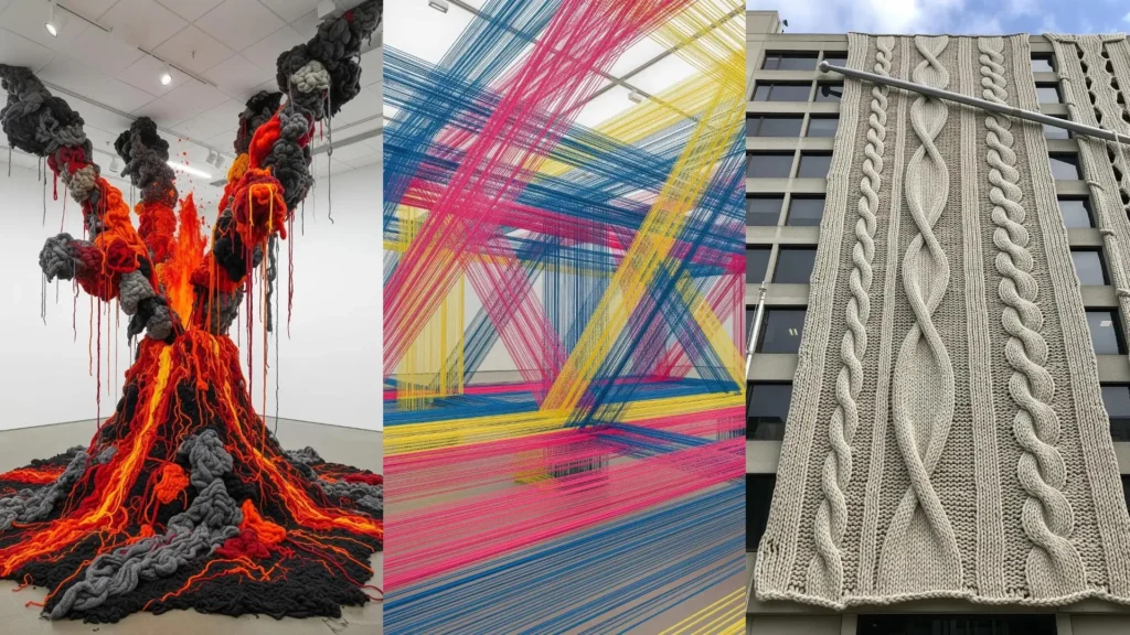 Collage of fiber art installations using yarn in imaginative ways, like a yarn volcano and a giant knitted building piece.