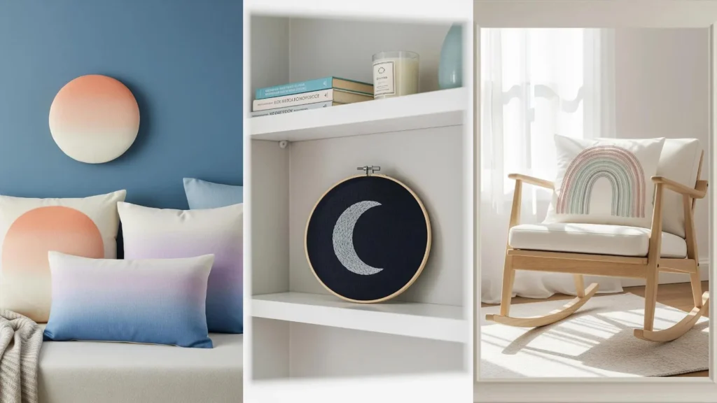 A collage of gentle gradient embroidery designs used as peaceful, sleep-friendly decor, like a moon and rainbow.