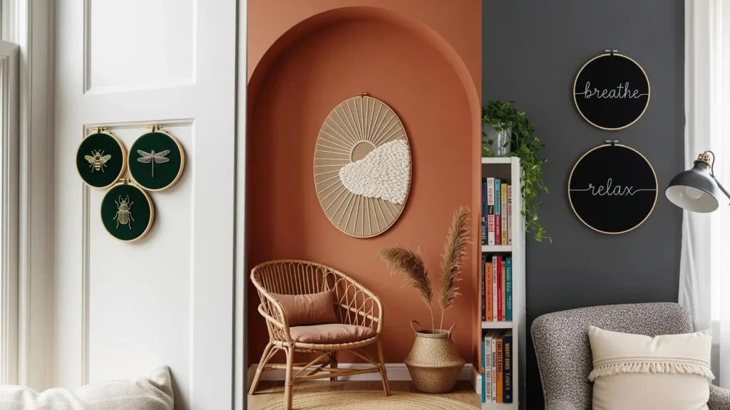 A quiet reading corner and bedroom retreat decorated with minimalist hoop embroidery designs like insects and quotes.
