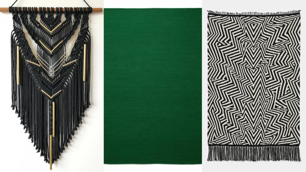 A collage of modern yarn wall art designs, featuring a black macrame hanging and a bold, geometric woven piece.