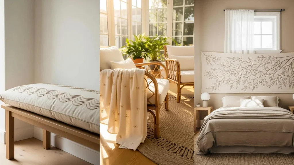 A collage of neutral thread embroidery projects in a zen-like, relaxing room, showing a cushion, blanket, and wall art.