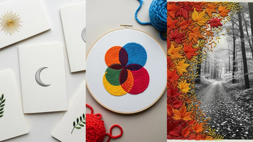 Collage of paper art projects where stitches transform cards and a photo into colorful statement pieces.