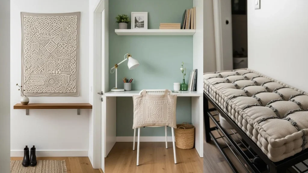 A tiny apartment decorated with soft, neutral embroidery patterns on a wall hanging and chair, adding texture without clutter.