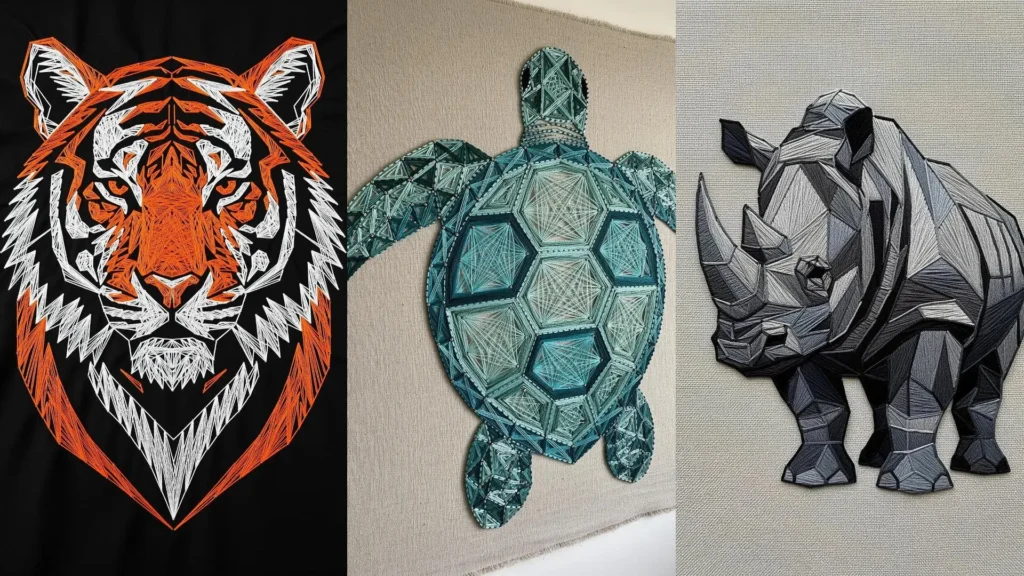 Geometric wildlife string art designs embroidered on canvas, featuring a tiger head, a turtle, and a rhinoceros.