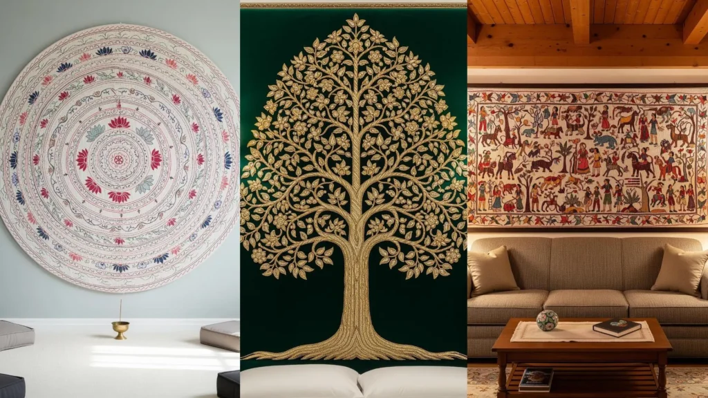 Collage of traditional Indian embroidery wall art, showcasing cultural heritage with a mandala and a Tree of Life.
