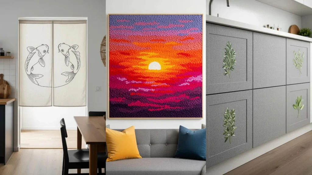 A home decorated with unexpected fabric crafts, including a vibrant sunset wall hanging and embroidered cabinets.