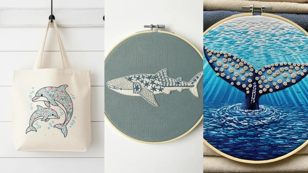 Whale and dolphin embroidery patterns with a serene, coastal aesthetic, showing a whale tail and floral dolphins.