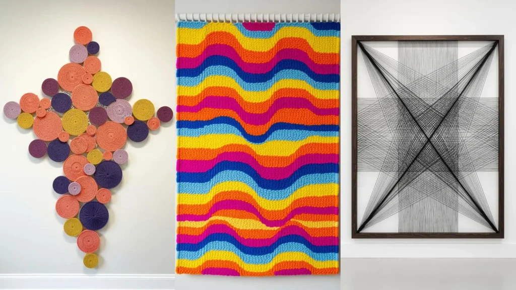 Three different styles of abstract yarn wall art: colorful woven circles, a wavy tapestry, and geometric string art.