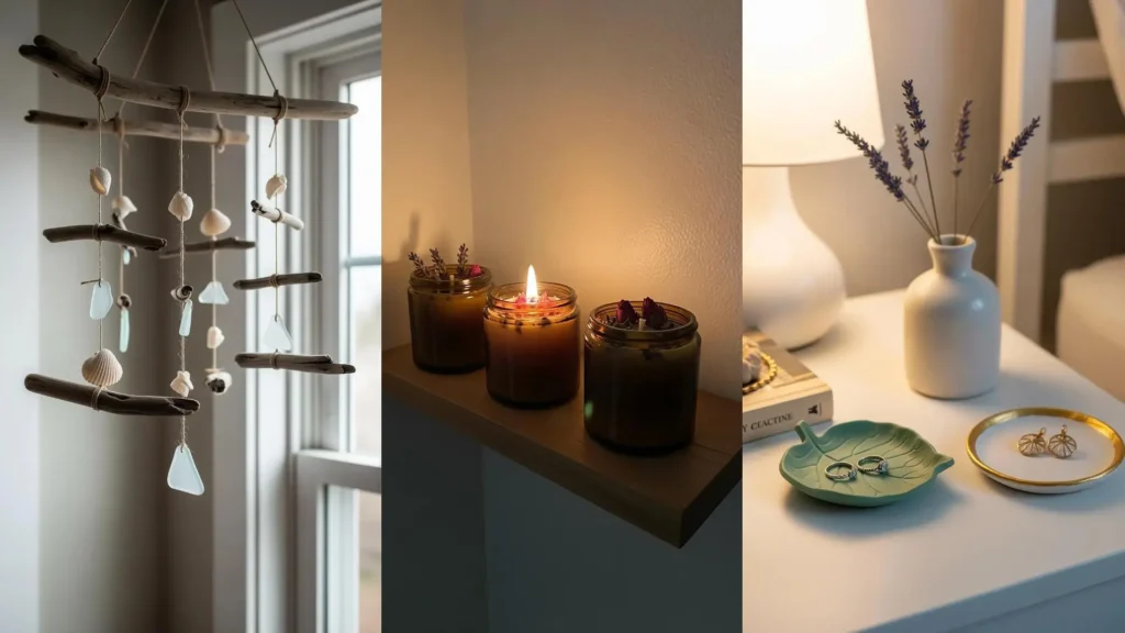 A collage of calm handmade crafts for a cozy apartment, featuring a driftwood mobile, candles, and lavender.